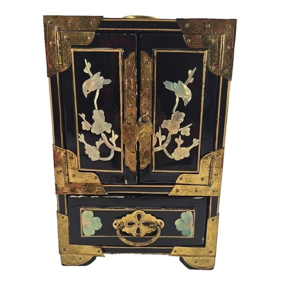 Vintage Asian Lacquer Jewelry Box Chest Brass Mother-of-Pearl Birds Flowers - Picture 2 of 15